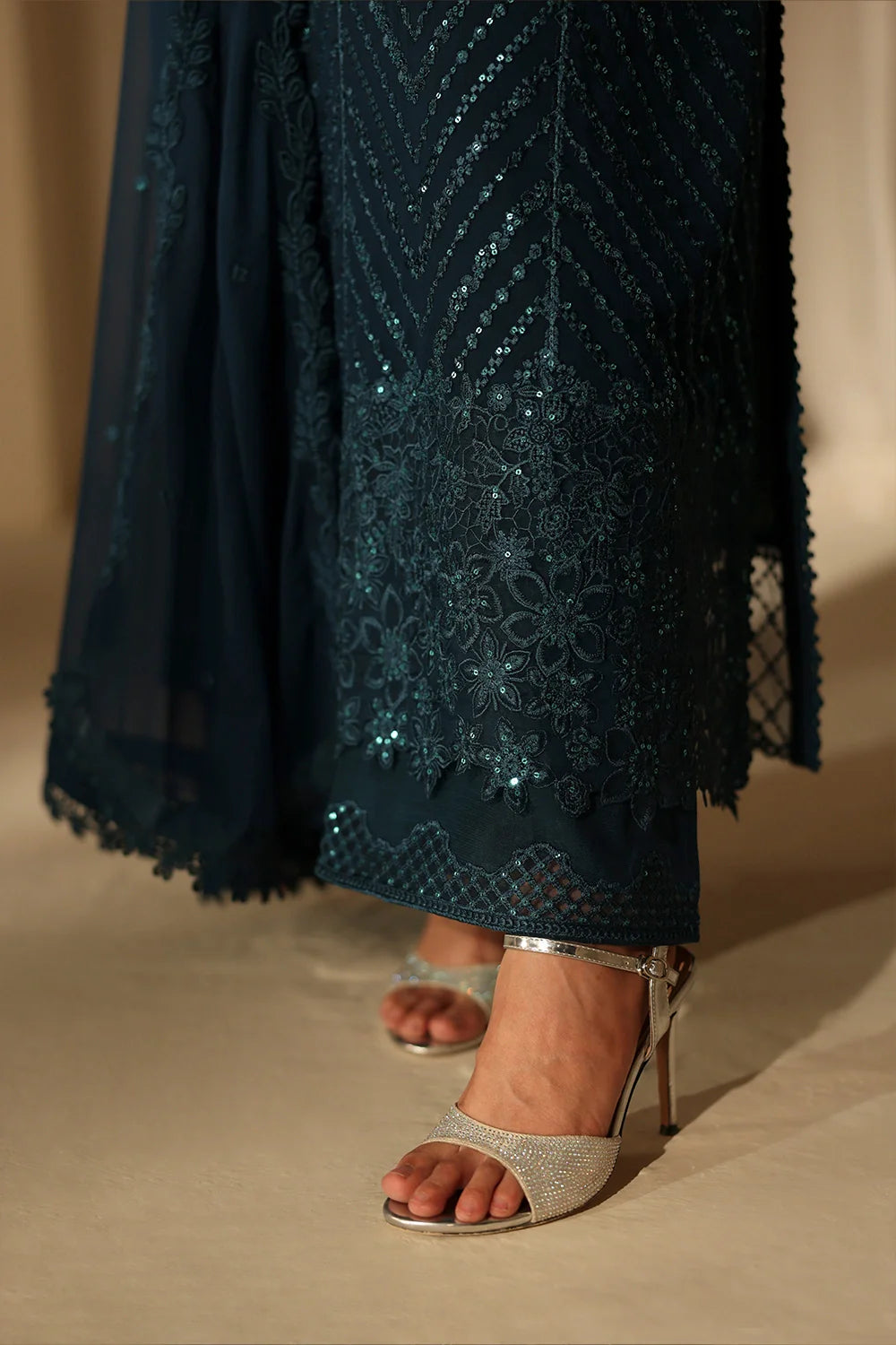 Elegant Deep Teal Sequins Embroidered Chiffon Pakistani Party Dress
