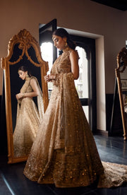Ivory Pakistani Bridal Lehenga with Gold Zardozi Work