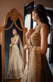 Ivory Pakistani Bridal Lehenga with Gold Zardozi Work