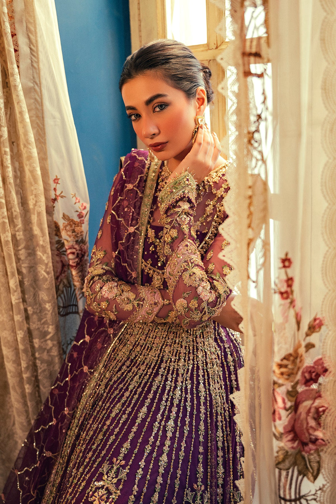 Flared Long Pishwas and Lehenga Pakistani Bridal Dress Online