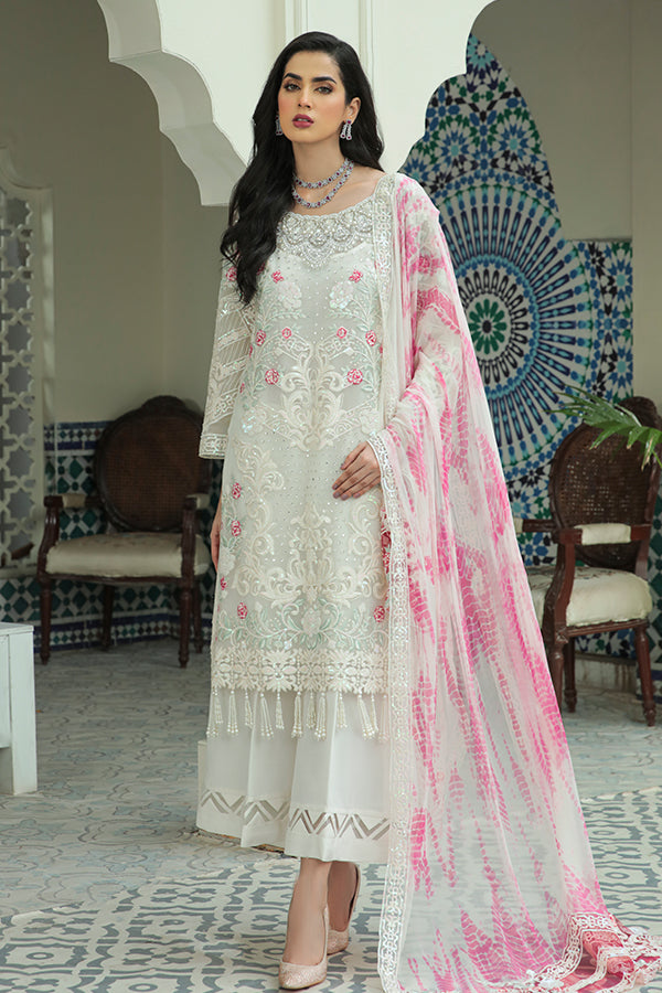 Floral Snow White Embroidered Pakistani Kameez Salwar Suit with Dupatta