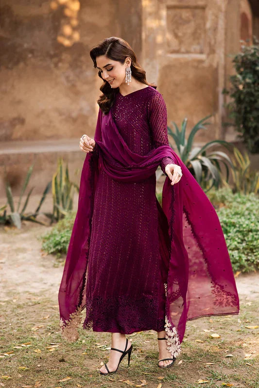 Elegant Burgundy Sequins Embroidered Chiffon Pakistani Party Dress