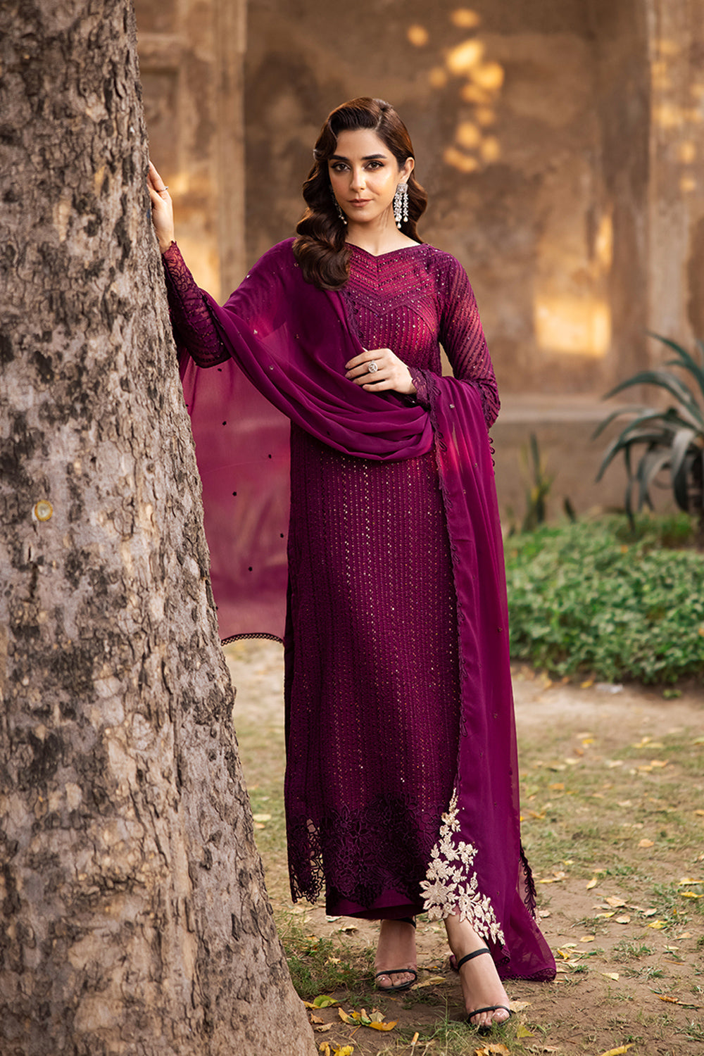Elegant Burgundy Sequins Embroidered Chiffon Pakistani Party Dress