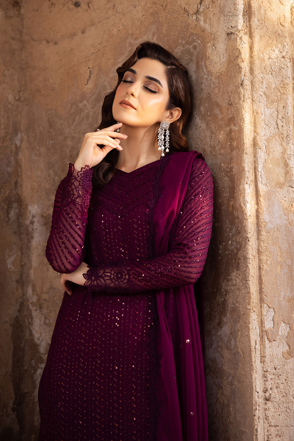 Elegant Burgundy Sequins Embroidered Chiffon Pakistani Party Dress
