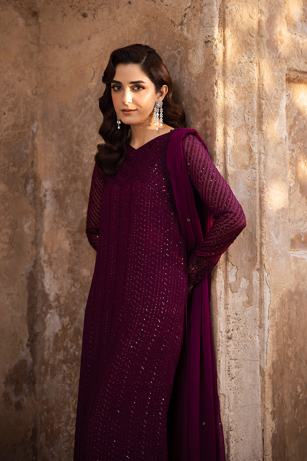 Elegant Burgundy Sequins Embroidered Chiffon Pakistani Party Dress