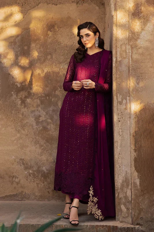 Elegant Burgundy Sequins Embroidered Chiffon Pakistani Party Dress