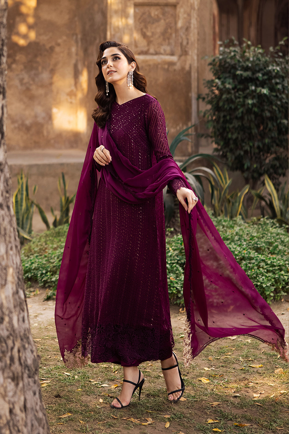 Elegant Burgundy Sequins Embroidered Chiffon Pakistani Party Dress