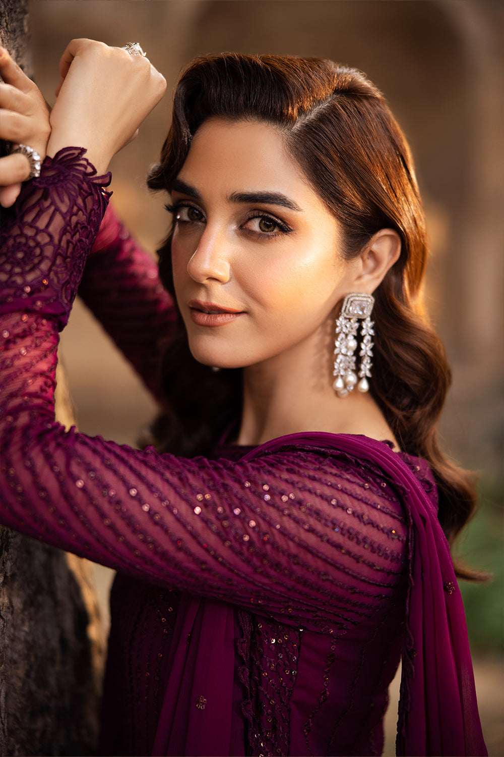 Elegant Burgundy Sequins Embroidered Chiffon Pakistani Party Dress