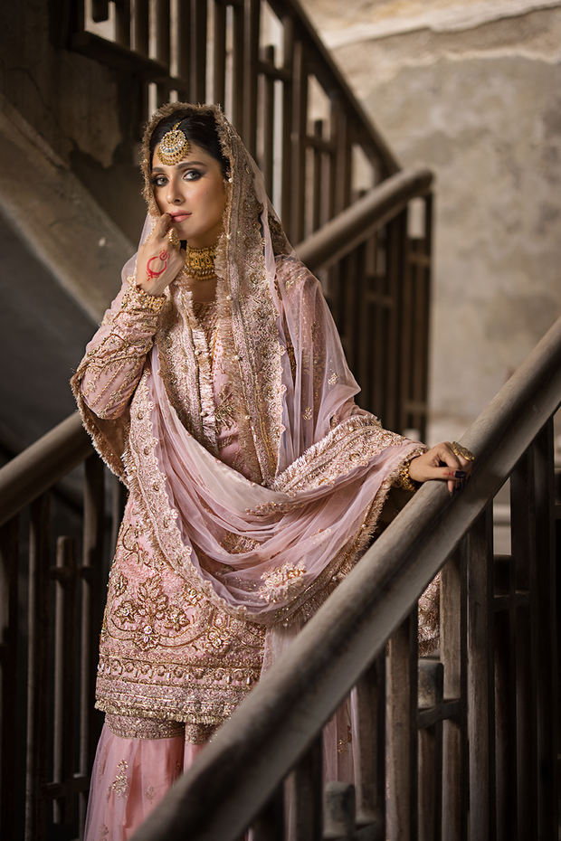 Gharara Kameez Tea Pink Pakistani Bridal Dress for Wedding