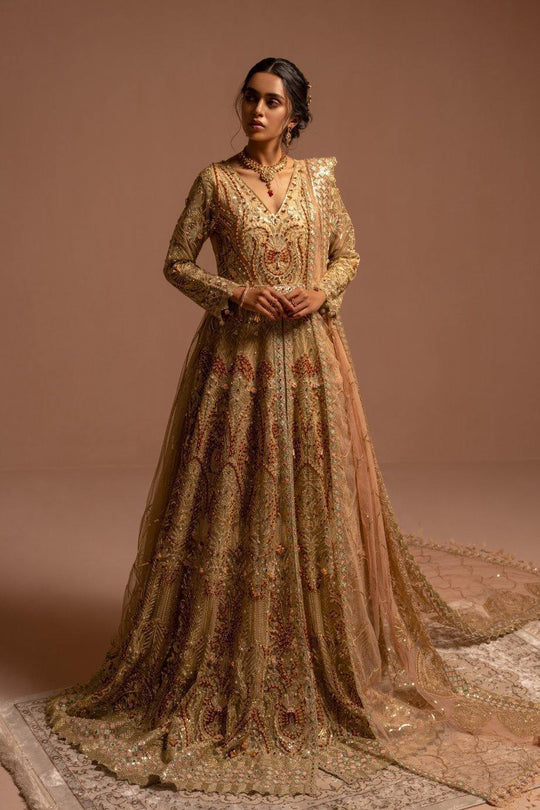 Gold Embroidered Huge Flare Pakistani Pishwas Wedding Wear