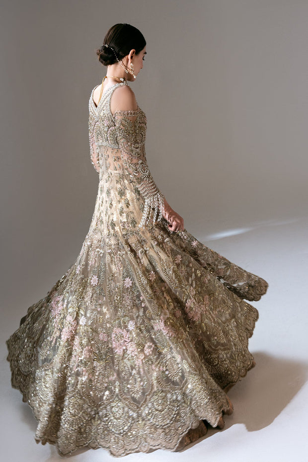 Gold Pakistani Bridal Dress in Gown Lehenga Style