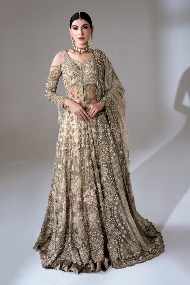 Gold Pakistani Bridal Dress in Gown and Lehenga Style
