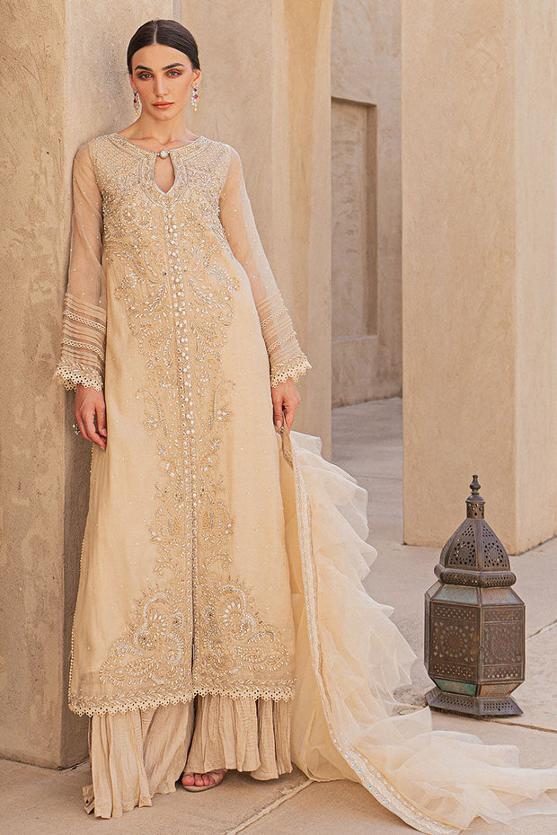 Gold Pakistani Kameez and Crushed Sharara with Dupatta