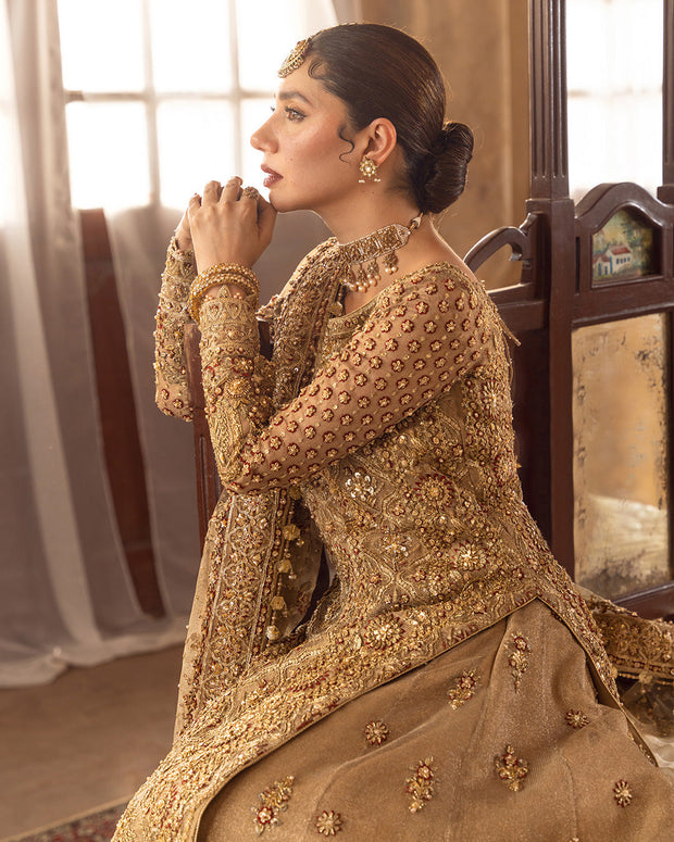 Gold Red Contrast Embroidered Pakistani Bridal Dress Farshi Gharara
