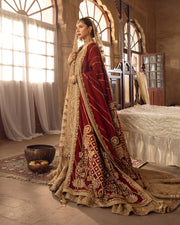 Gold Red Contrast Embroidered Pakistani Bridal Dress Farshi Gharara in USA