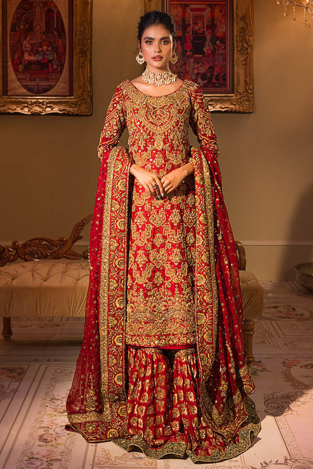 Gold Red Long Kameez Lehenga Pakistani Bridal Dress 2023