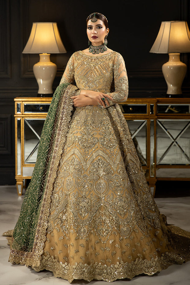 Gold Shade Embroidered Pakistani Wedding Dress in Pishwas Frock Style 2023
