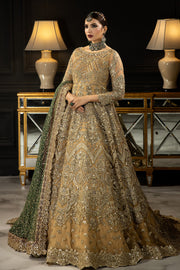 Gold Shade Embroidered Pakistani Wedding Dress in Pishwas Frock Style