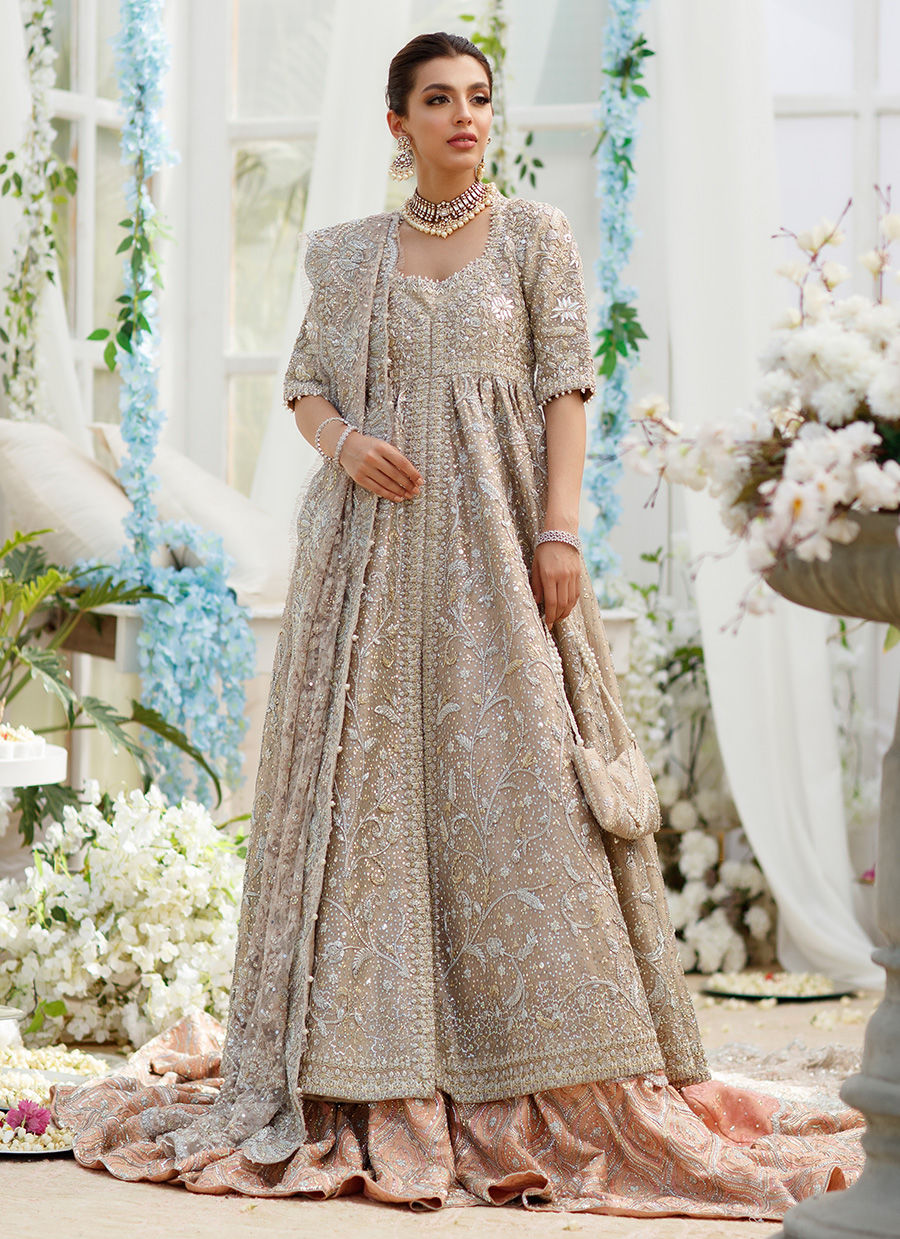 Gold Coral Embellished Pakistani Bridal Dress Farshi Gharara