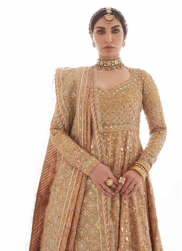 Gold Heavily Embellished Pakistani Bridal Dress Pishwas Lehenga