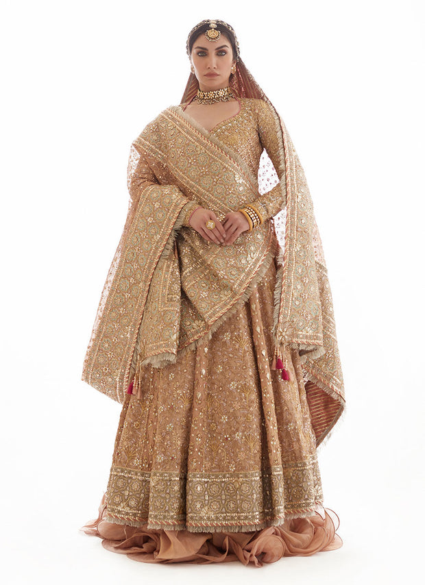 Gold Kalidar Heavily Embellished Pakistani Bridal Dress Lehenga