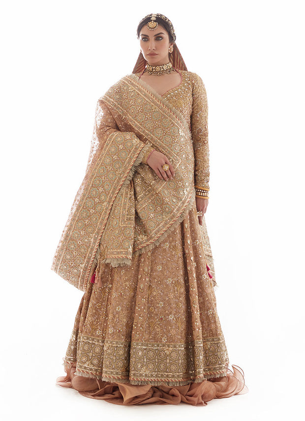 Gold Kalidar Heavily Embellished Pakistani Bridal Dress Pishwas