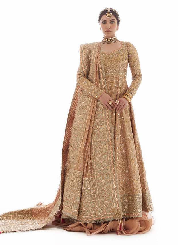 Gold Kalidar Heavily Embellished Pakistani Bridal Dress Pishwas Lehenga