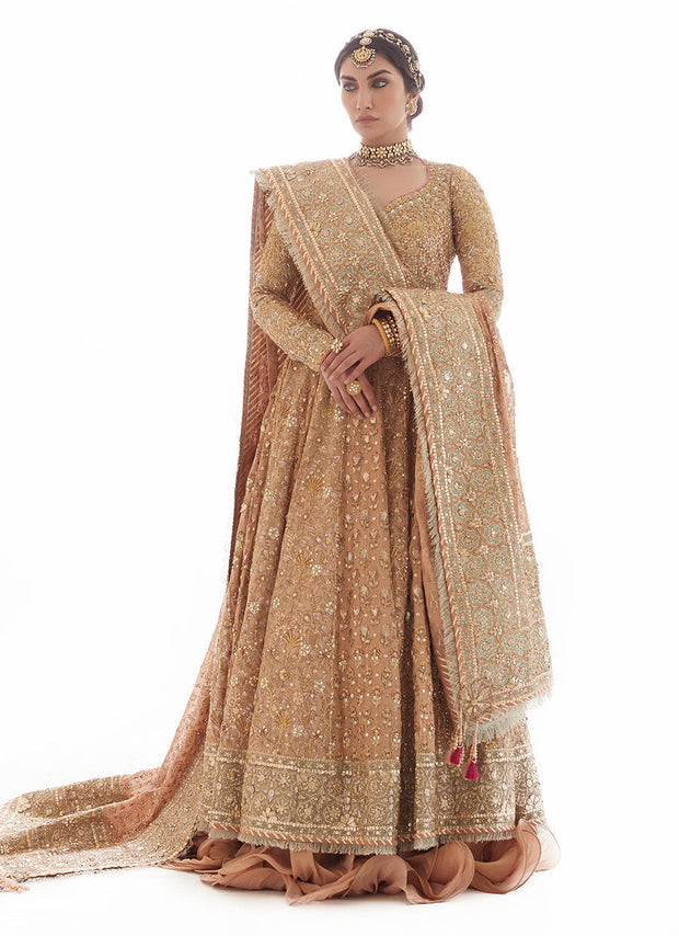 Gold Kalidar Heavily Embellished Pakistani Bridal Pishwas Lehenga
