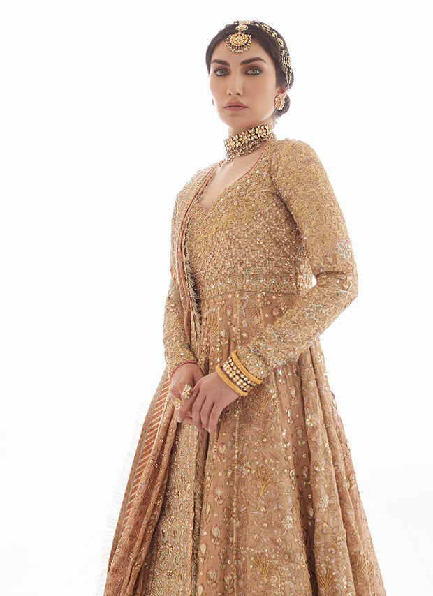 Gold Kalidar Heavily Embellished Pakistani Dress Pishwas Lehenga