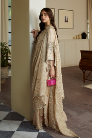 Golden Embellished Pakistani Wedding Dress in Raw Silk Fabric