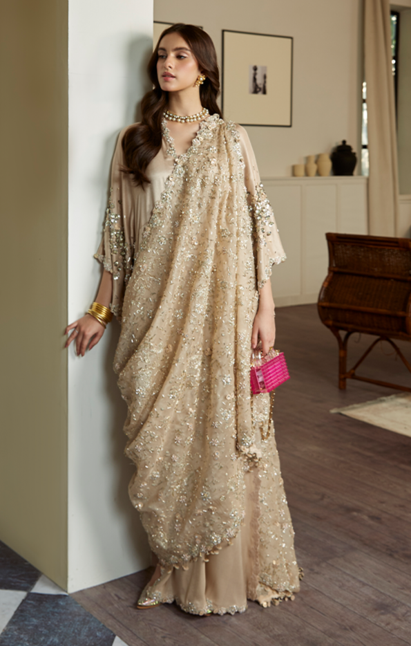 Golden Embellished Pakistani Wedding Dress in Raw Silk Nameera