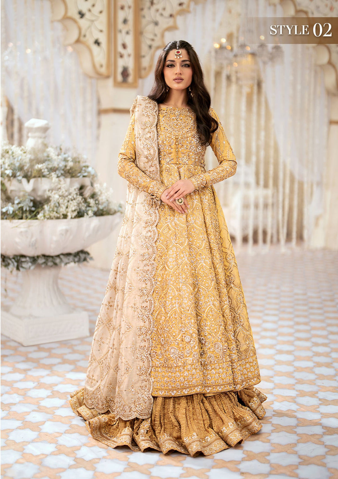 Golden Embroidered Pakistani Gown Pishwas With Crushed Gharara