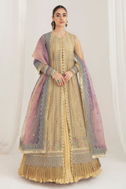 Golden Heavily Embroidered Pakistani Huge Flared Frock with Dupatta