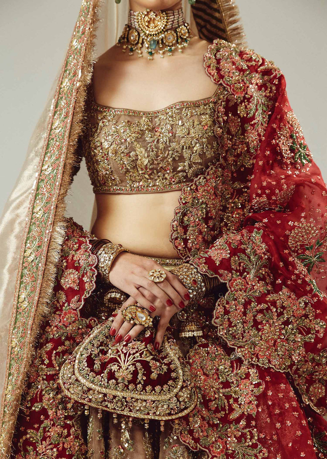 Golden Lehenga Choli with Maroon Dupatta for Wedding Nameera by Farooq