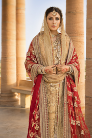 Golden Pakistani Bridal Dress in Gharara Kameez Dupatta Style