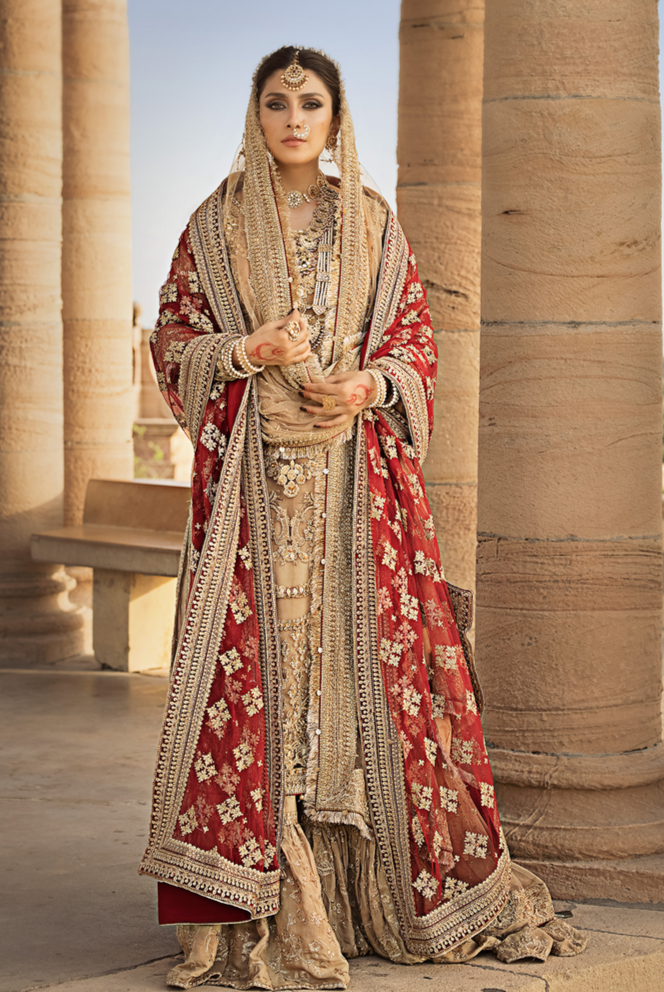 Golden Pakistani Bridal Dress in Gharara Kameez Style