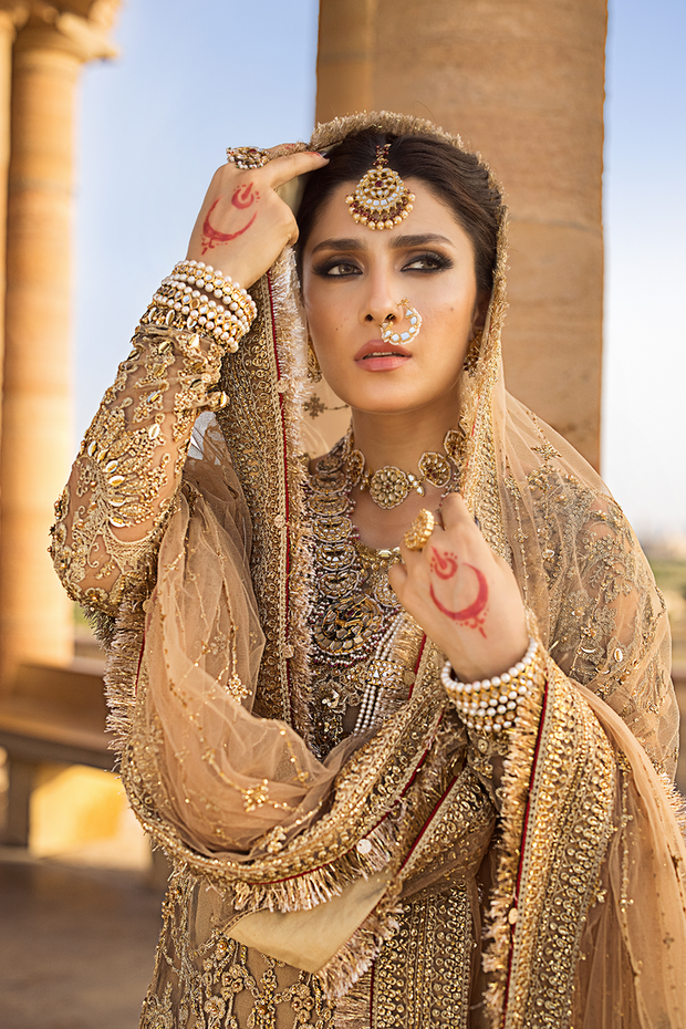Golden Pakistani Bridal Dress in Gharara Kameez Style Online