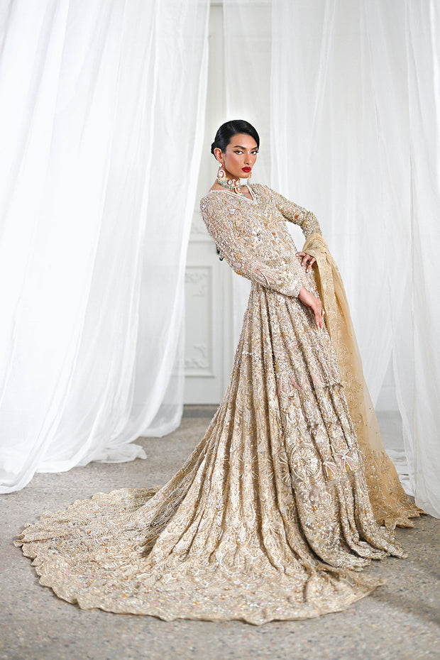 Golden Pakistani Bridal Dress in Gown Lehenga Style Online