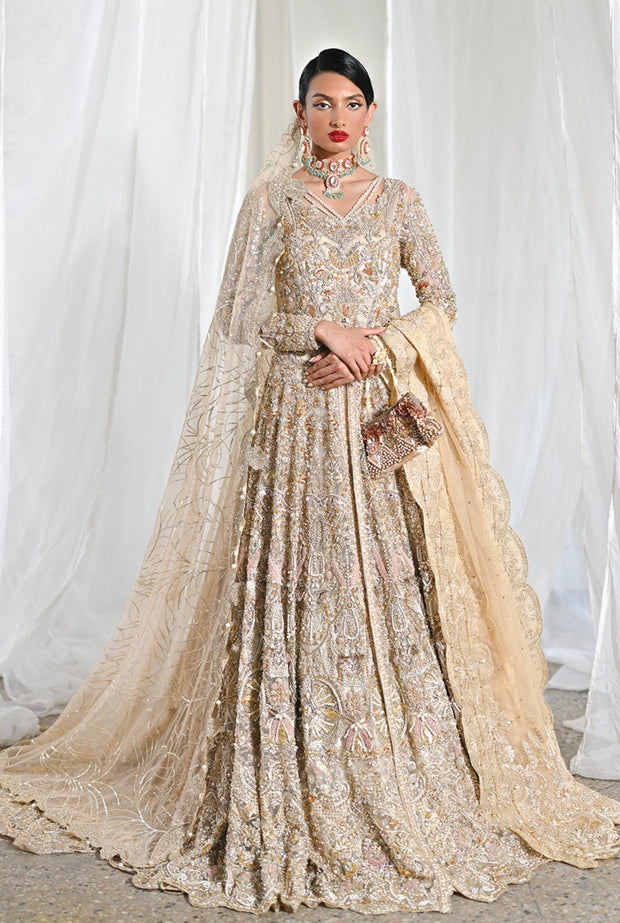 Golden Pakistani Bridal Dress in Gown Lehenga Style
