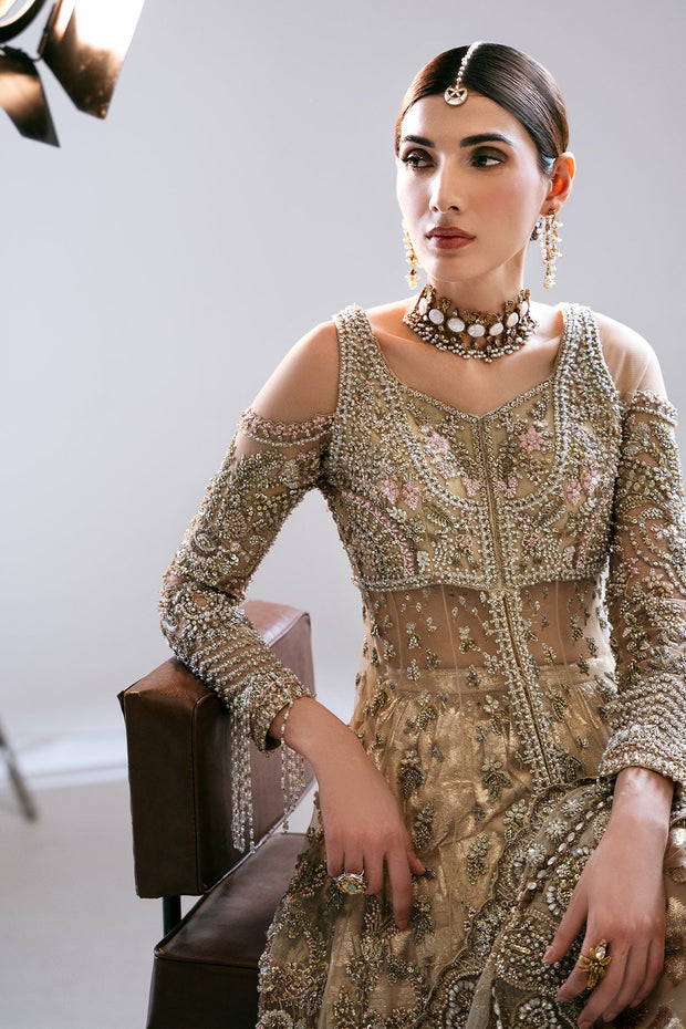Golden Pakistani Bridal Dress in Gown and Lehenga Style