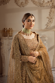 Golden Pakistani Bridal Dress in Lehenga Choli Dupatta Style