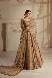 Golden Pakistani Bridal Dress in Lehenga Choli Style