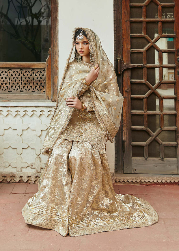 Golden Pakistani Wedding Dress in Kameez Gharara Style