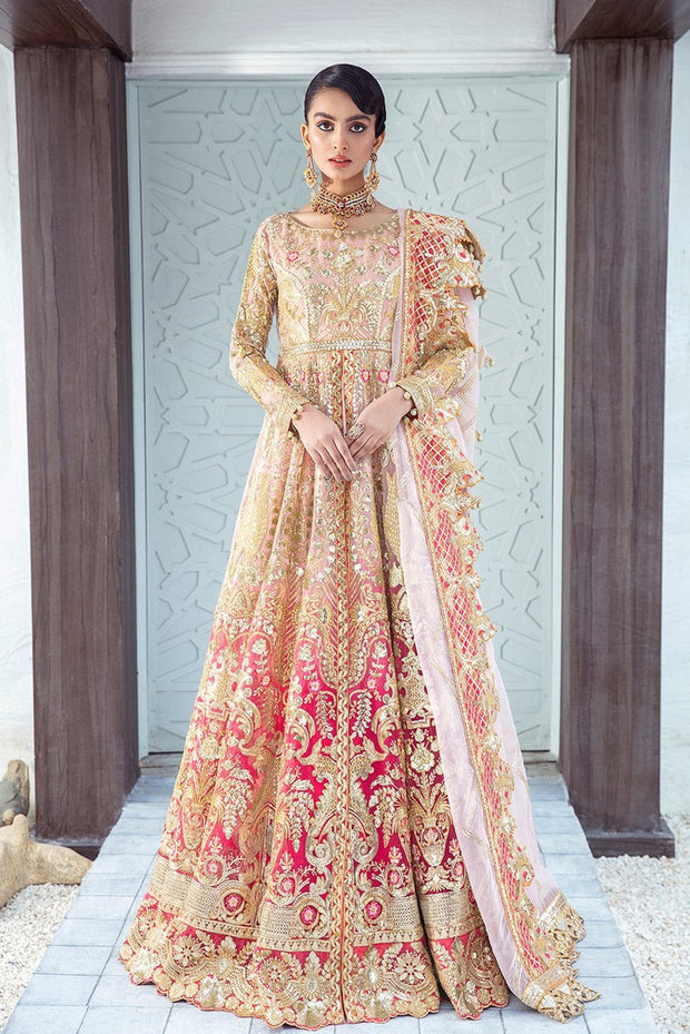 Golden Pink Heavily Embellished Pakistani Pishwas Wedding Dress