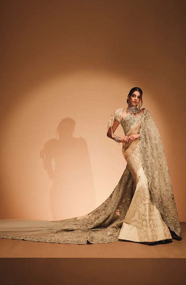 Golden Saree Style Pakistani Bridal Dress