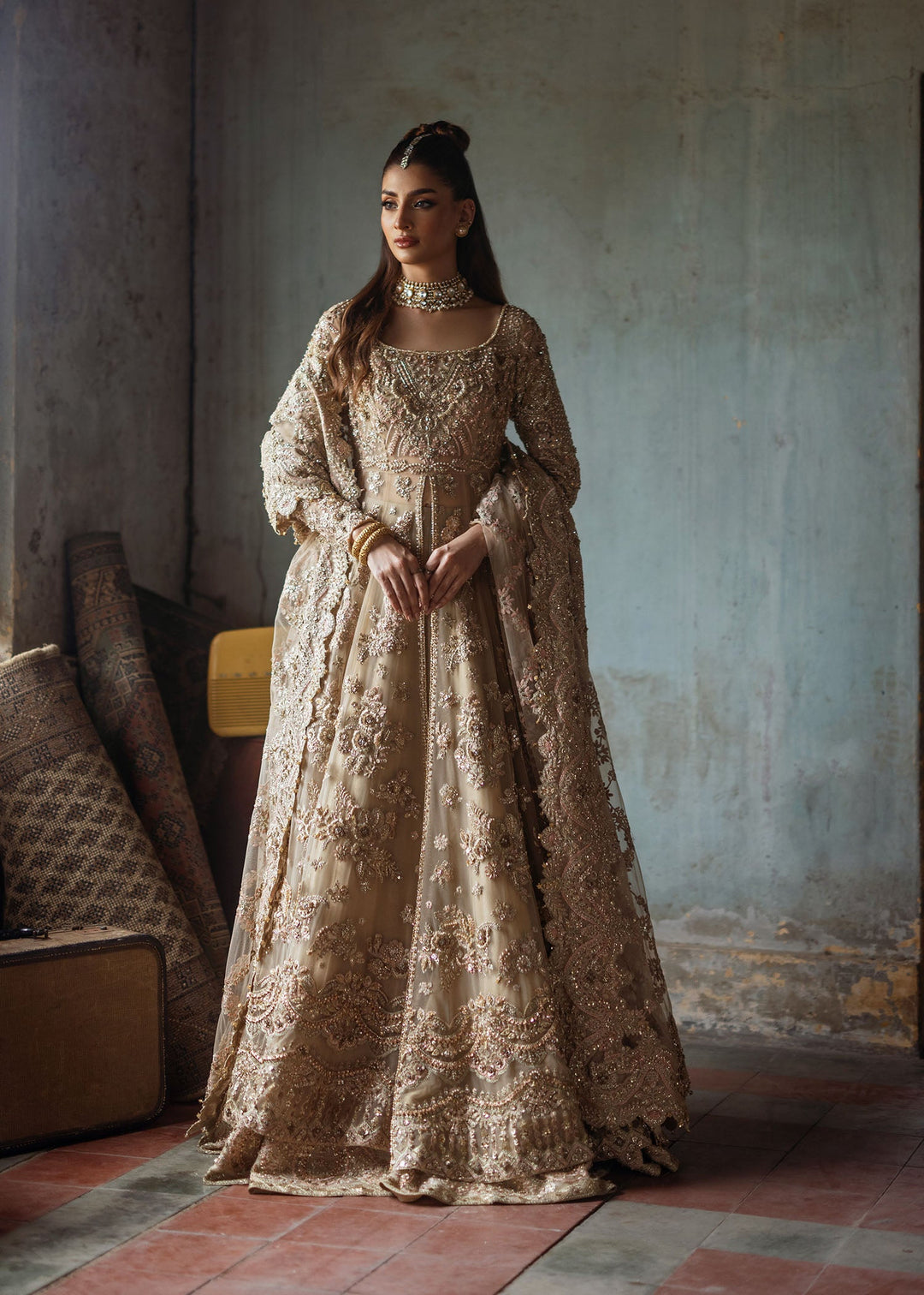 Golden Pakistani Bridal Dress in Gown Lehenga Style