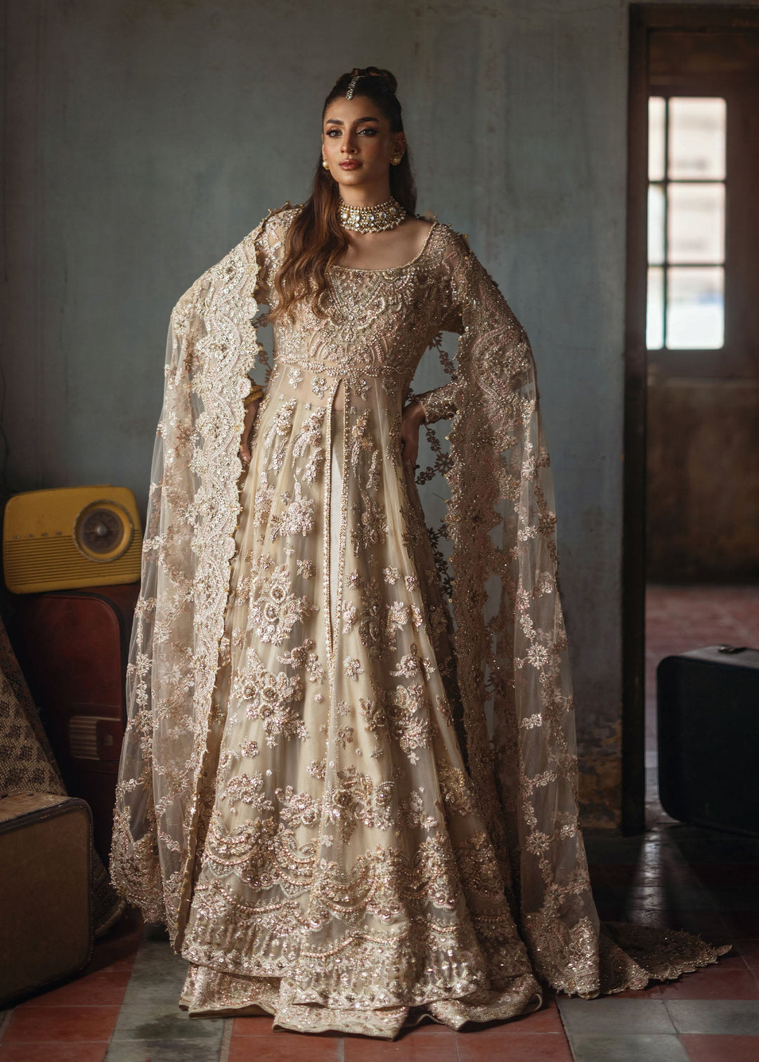 Golden Pakistani Bridal Dress in Gown Lehenga Style Online