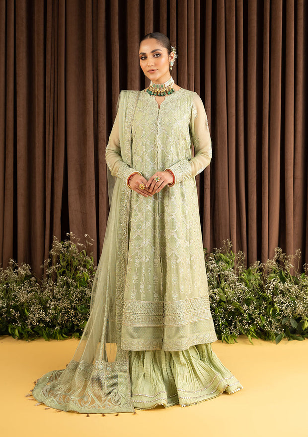 Green Embroidered Kameez Crushed Sharara Pakistani Party Dress