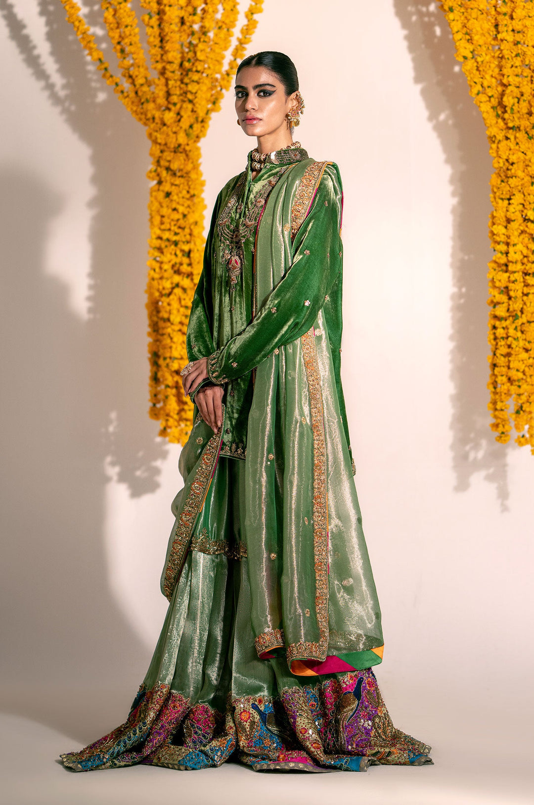 Green Mehndi Dress in Kameez Gharara and Dupatta Style LARGE Green Mehndi Dress in Kameez Gharara and Dupatta Style LARGE