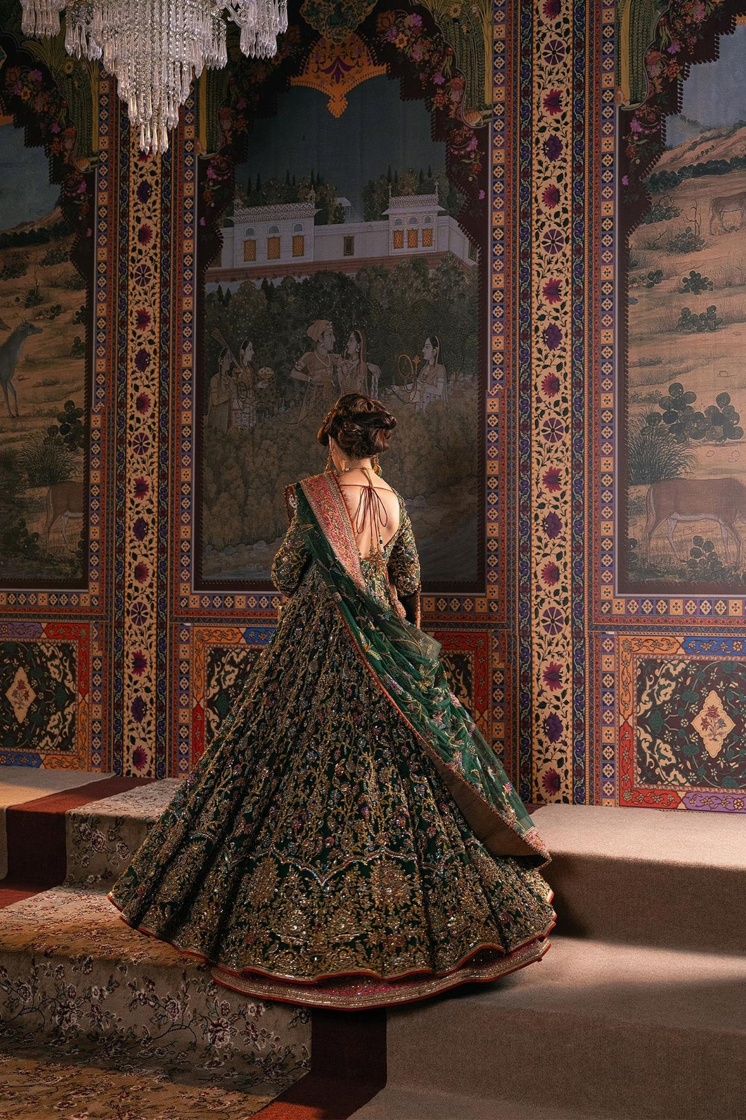 Green Pakistani Mehndi Dress in Pishwas Frock Lehenga Style